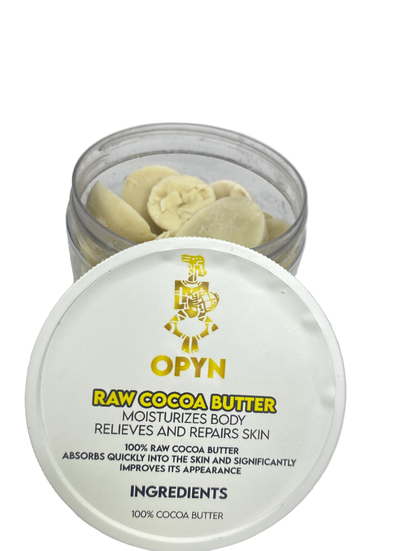 Oyn Raw Cocoa Butter container with lid open on a light gray background